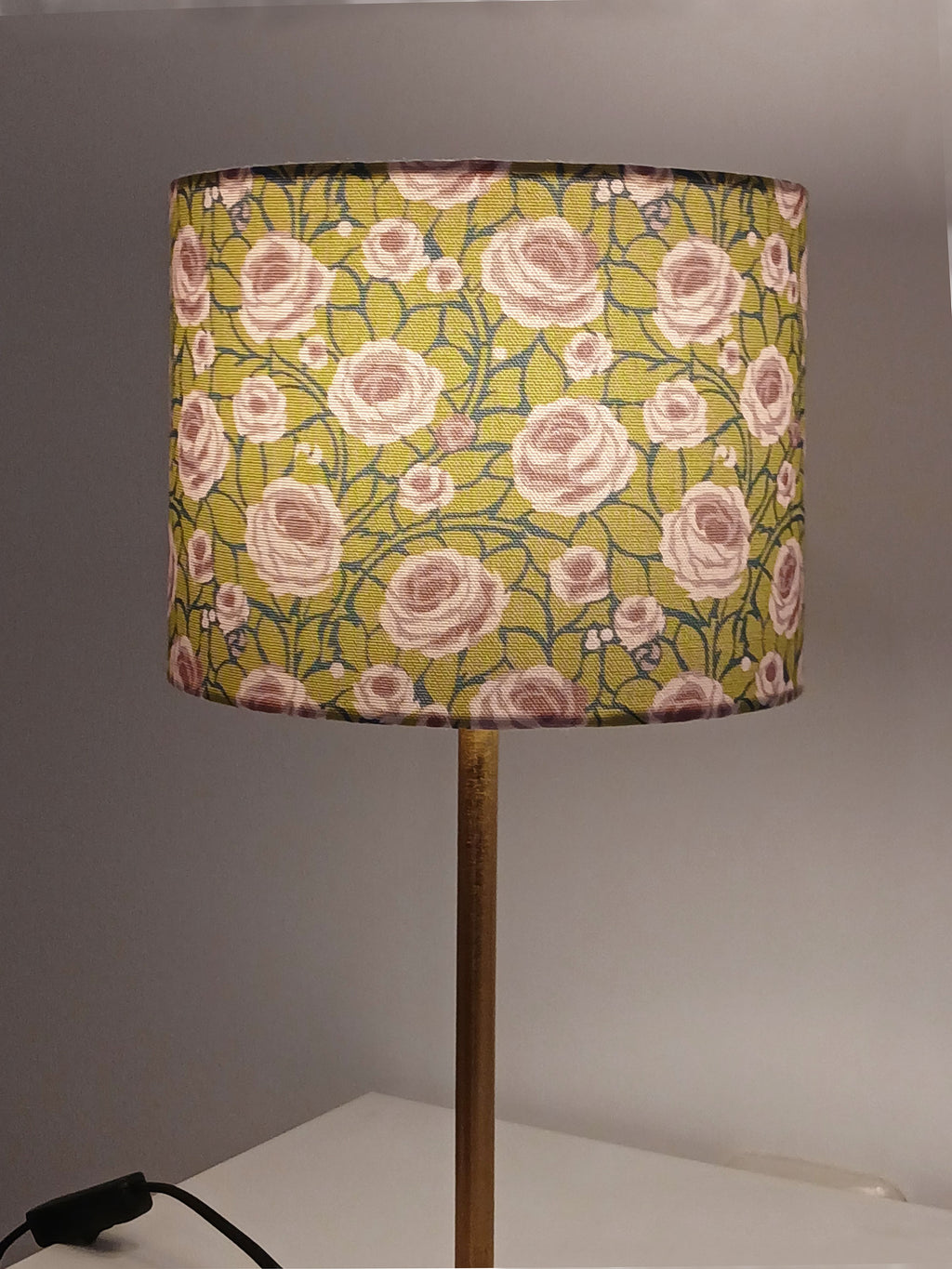Lampshade, roses, navy-purple-green tones, 20cm diameter, cylindrical, "Path to the Tower" pattern, 16cm high, table lamp