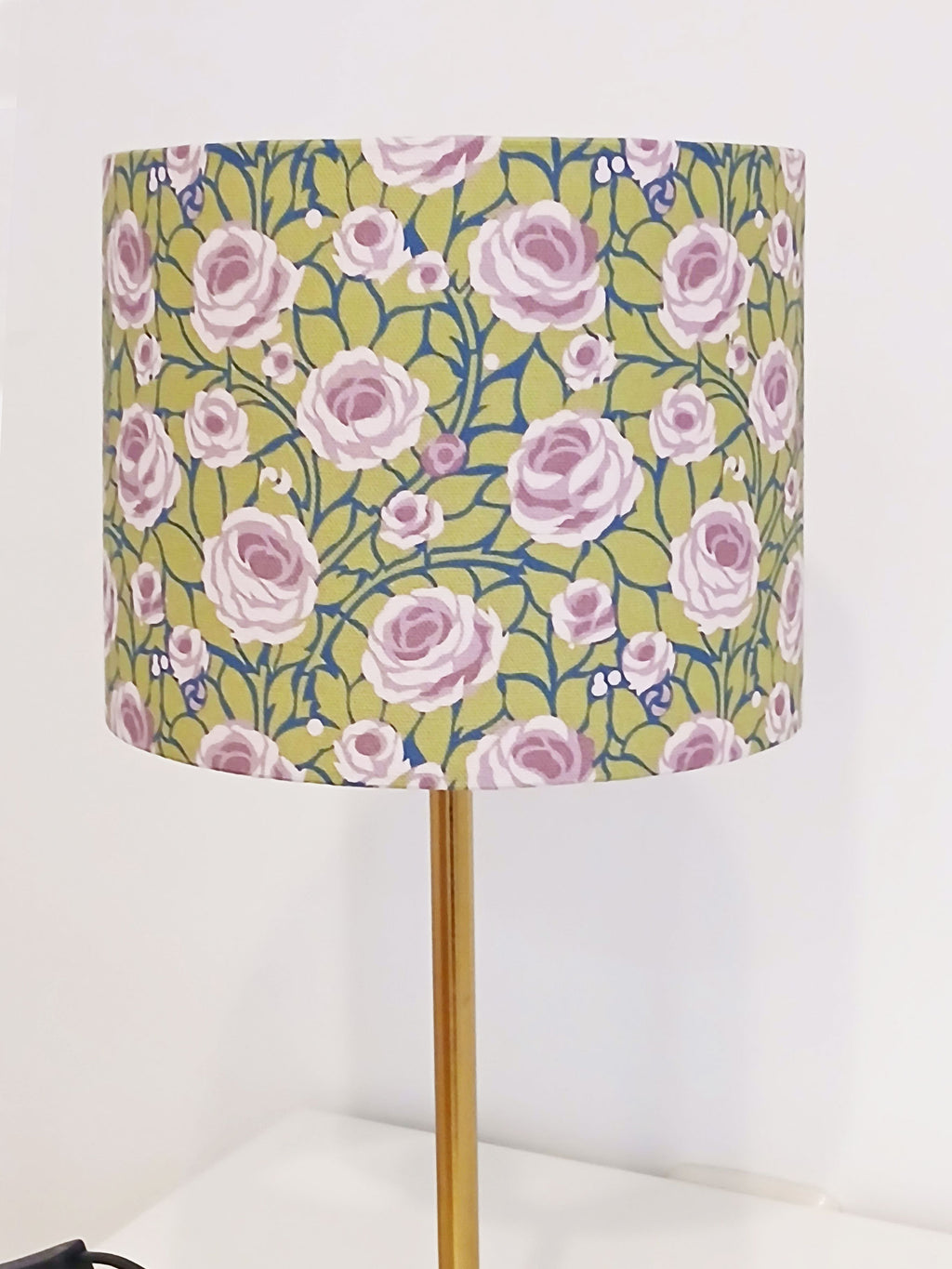 Lampshade, roses, navy-purple-green tones, 20cm diameter, cylindrical, "Path to the Tower" pattern, 16cm high, table lamp