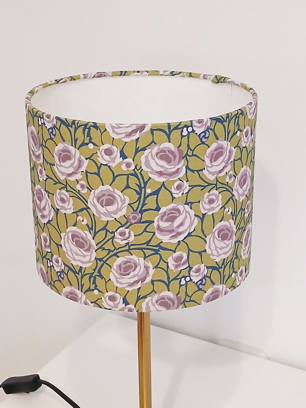 Lampshade, roses, navy-purple-green tones, 20cm diameter, cylindrical, "Path to the Tower" pattern, 16cm high, table lamp