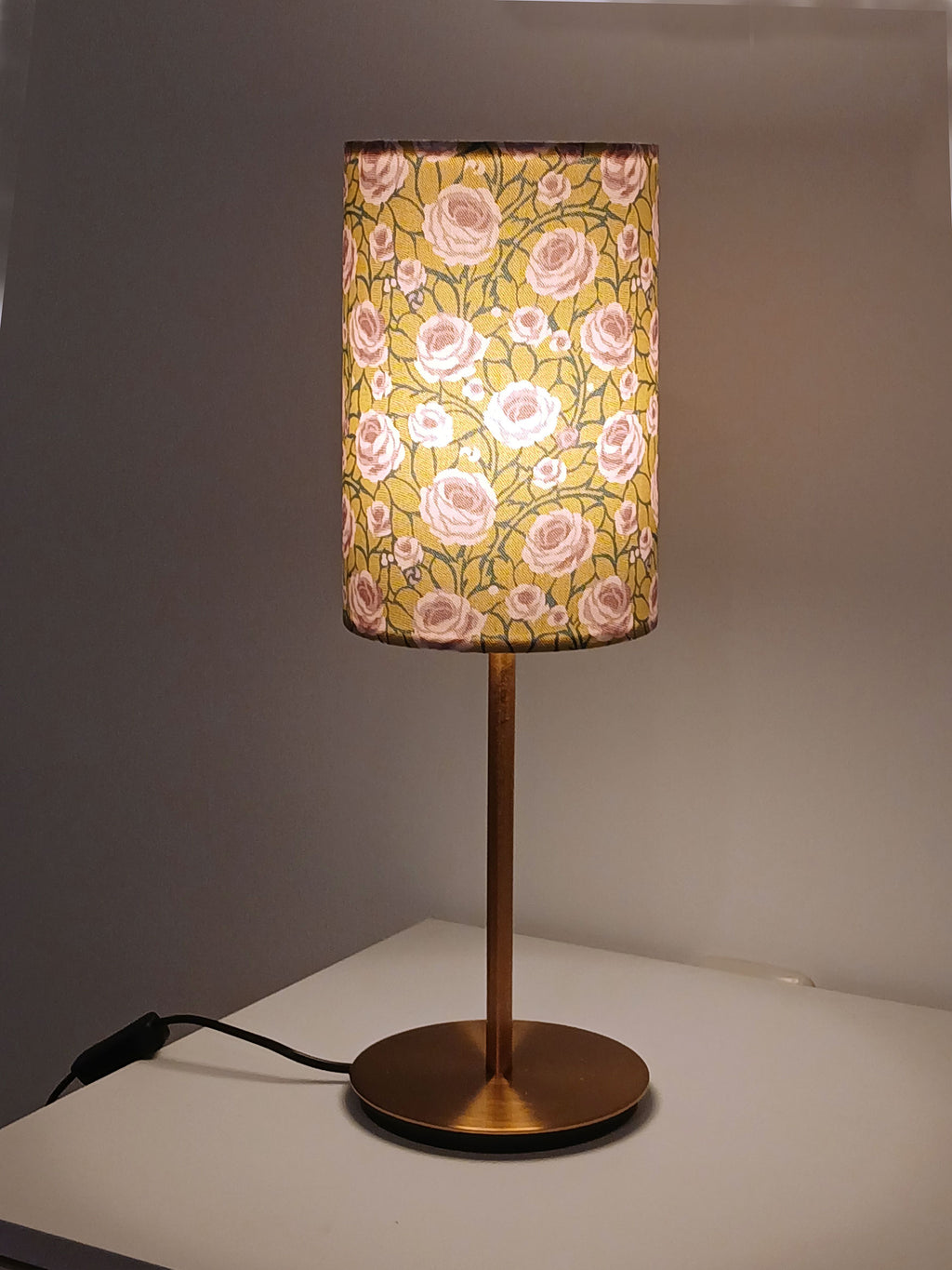 Lampshade, roses, navy-purple-green tones, 15 cm diameter, cylindrical, "Path to the Tower" pattern, 23 cm high, table lamp