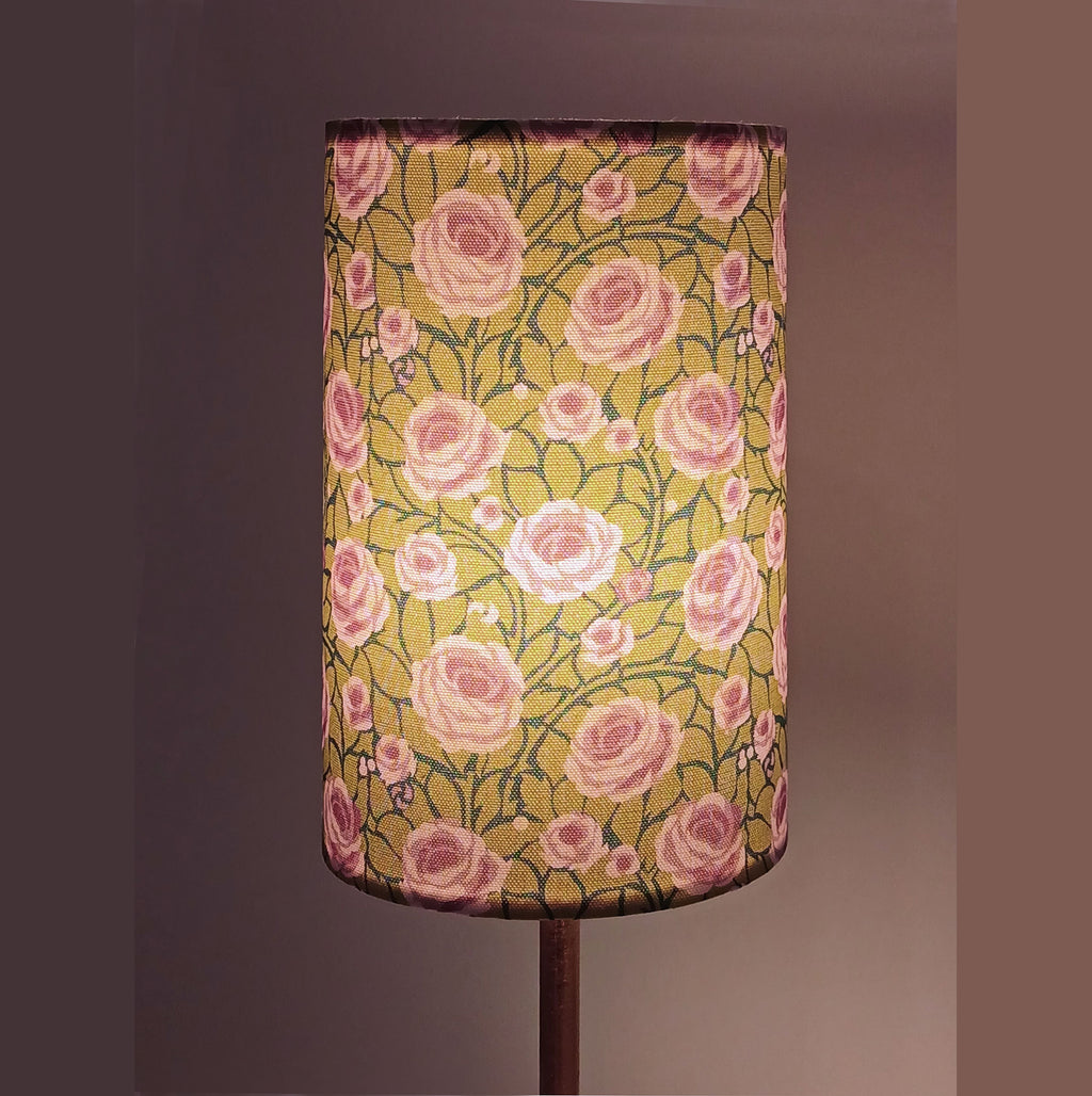Lampshade, roses, navy-purple-green tones, 15 cm diameter, cylindrical, "Path to the Tower" pattern, 23 cm high, table lamp