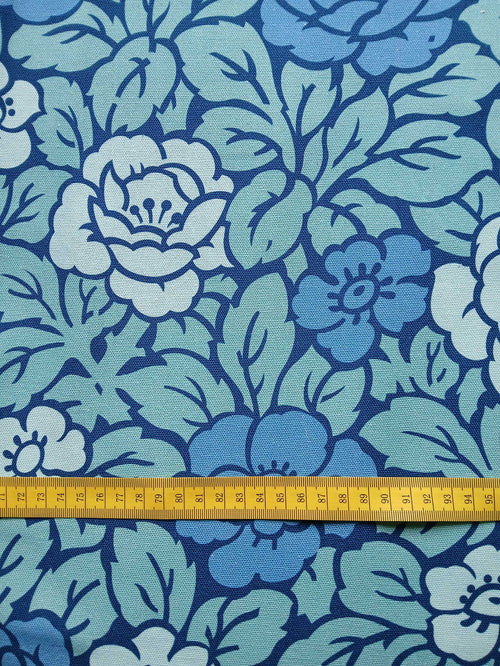 Half-panama fabric by the metre, cotton fabric, rose pattern, Art Nouveau, navy/blue/aqua/water blue, two-tone flowers, cushions, tablecloths, bags, trousers