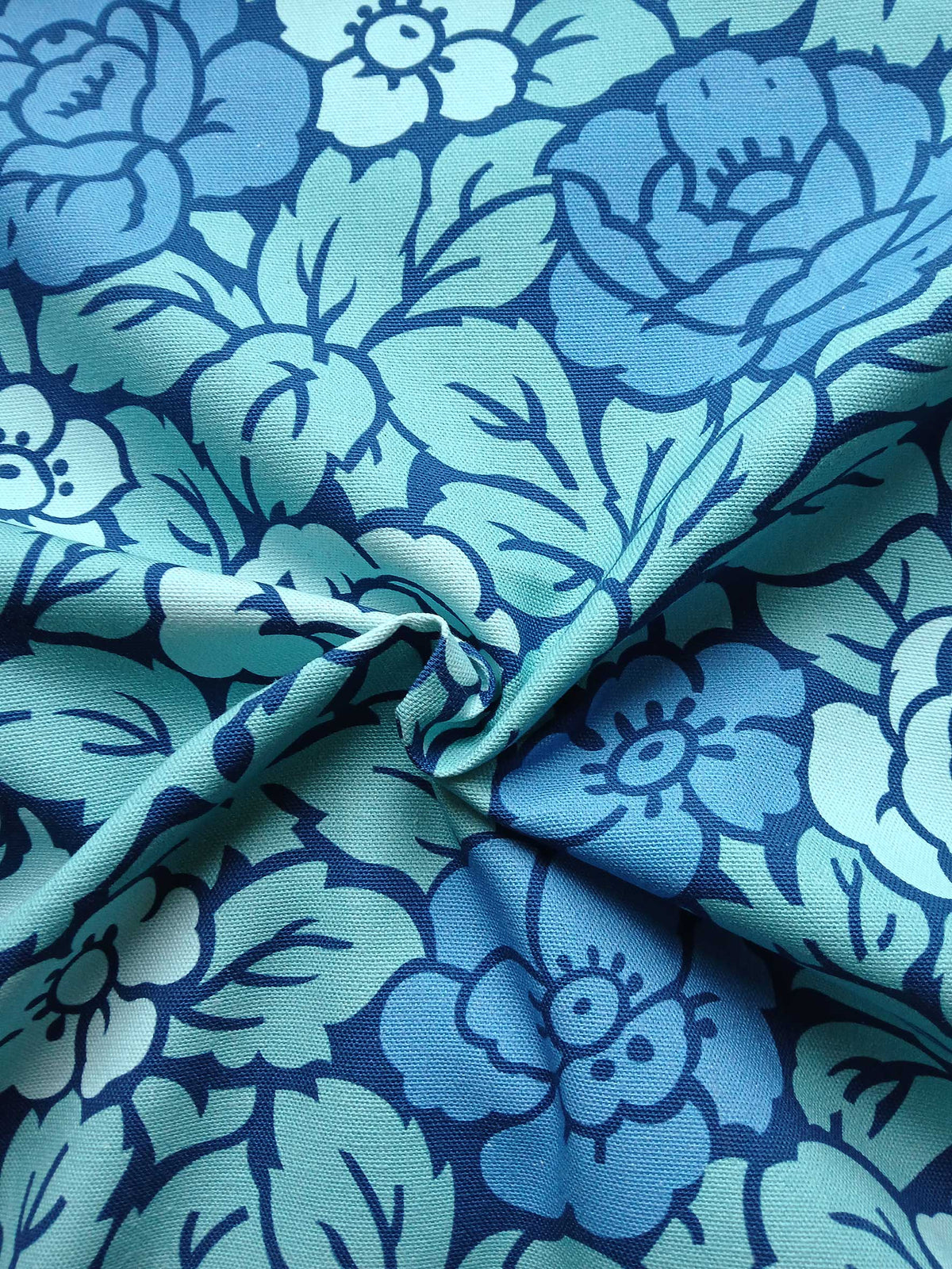 Halbpanama, Meterware, Baumwollstoff, Rosenmuster, Jugendstil, navy/blau/aqua/wasserblau, zweifarbige Blüten, Kissen, Tischdecken, Taschen, Hosen