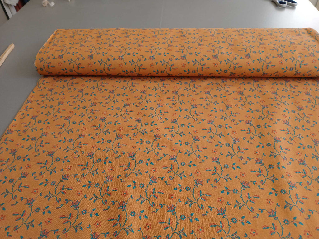 Half Panama, fabric by the metre, cotton, ochre yellow with turquoise and light red, Dancing Thistles, Art Deco