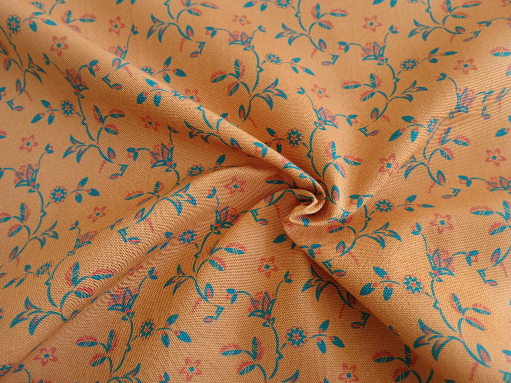 Half Panama, fabric by the metre, cotton, ochre yellow with turquoise and light red, Dancing Thistles, Art Deco