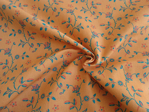 Half Panama, fabric by the metre, cotton, ochre yellow with turquoise and light red, Dancing Thistles, Art Deco
