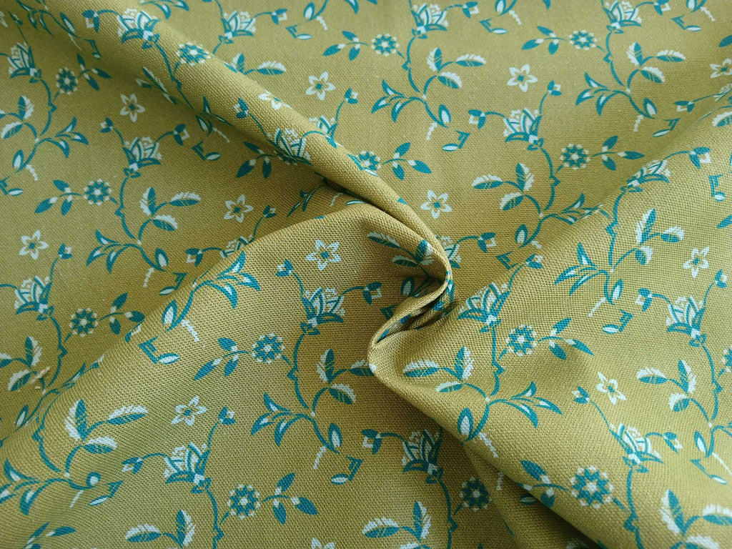 Half Panama, by the metre, cotton fabric, pistachio green with turquoise and light turquoise, Dancing Thistles, Art Deco