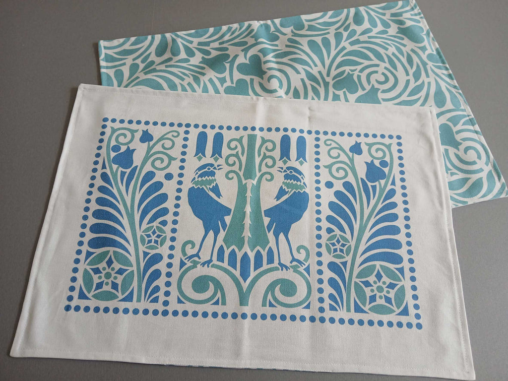 Platzset / Tischset, Blau/Aqua 50x35cm, Baumwollstoff, zum Wenden, doppellagig, Jugendstil, Vogelmotiv, Vögel, Landhausstil (Kopie)