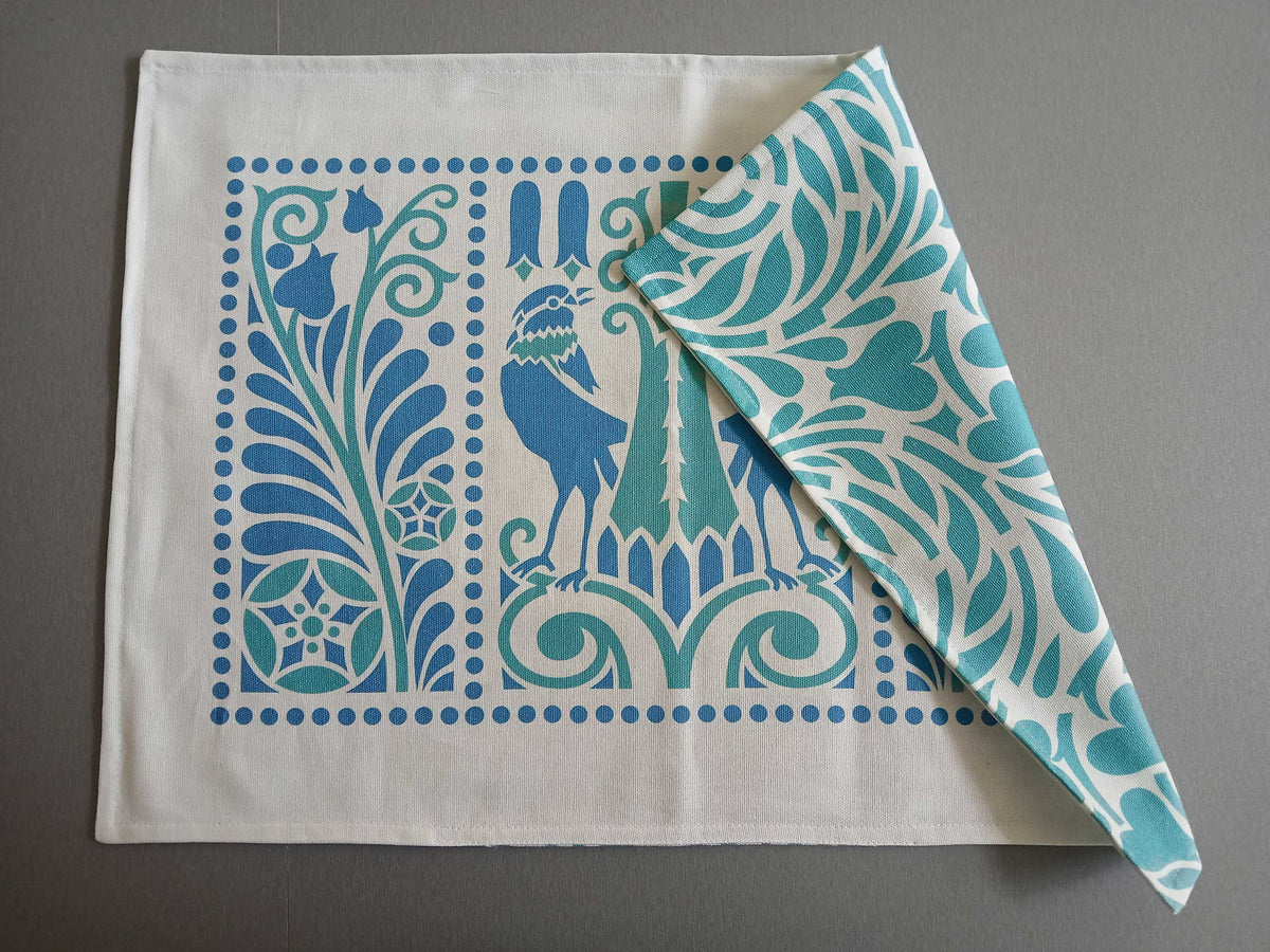 Platzset / Tischset, Blau/Aqua 50x35cm, Baumwollstoff, zum Wenden, doppellagig, Jugendstil, Vogelmotiv, Vögel, Landhausstil (Kopie)