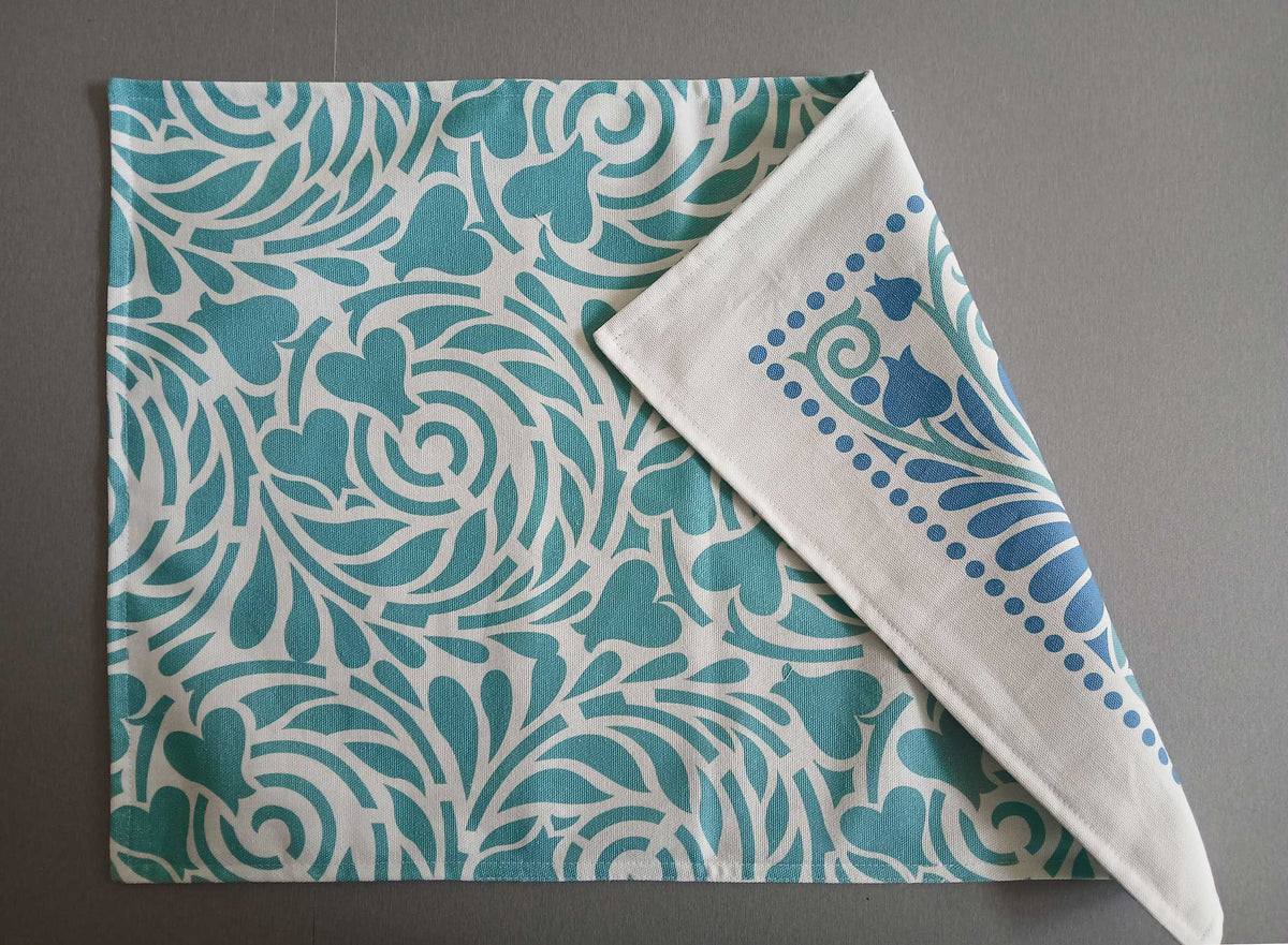 Platzset / Tischset, Blau/Aqua 50x35cm, Baumwollstoff, zum Wenden, doppellagig, Jugendstil, Vogelmotiv, Vögel, Landhausstil (Kopie)