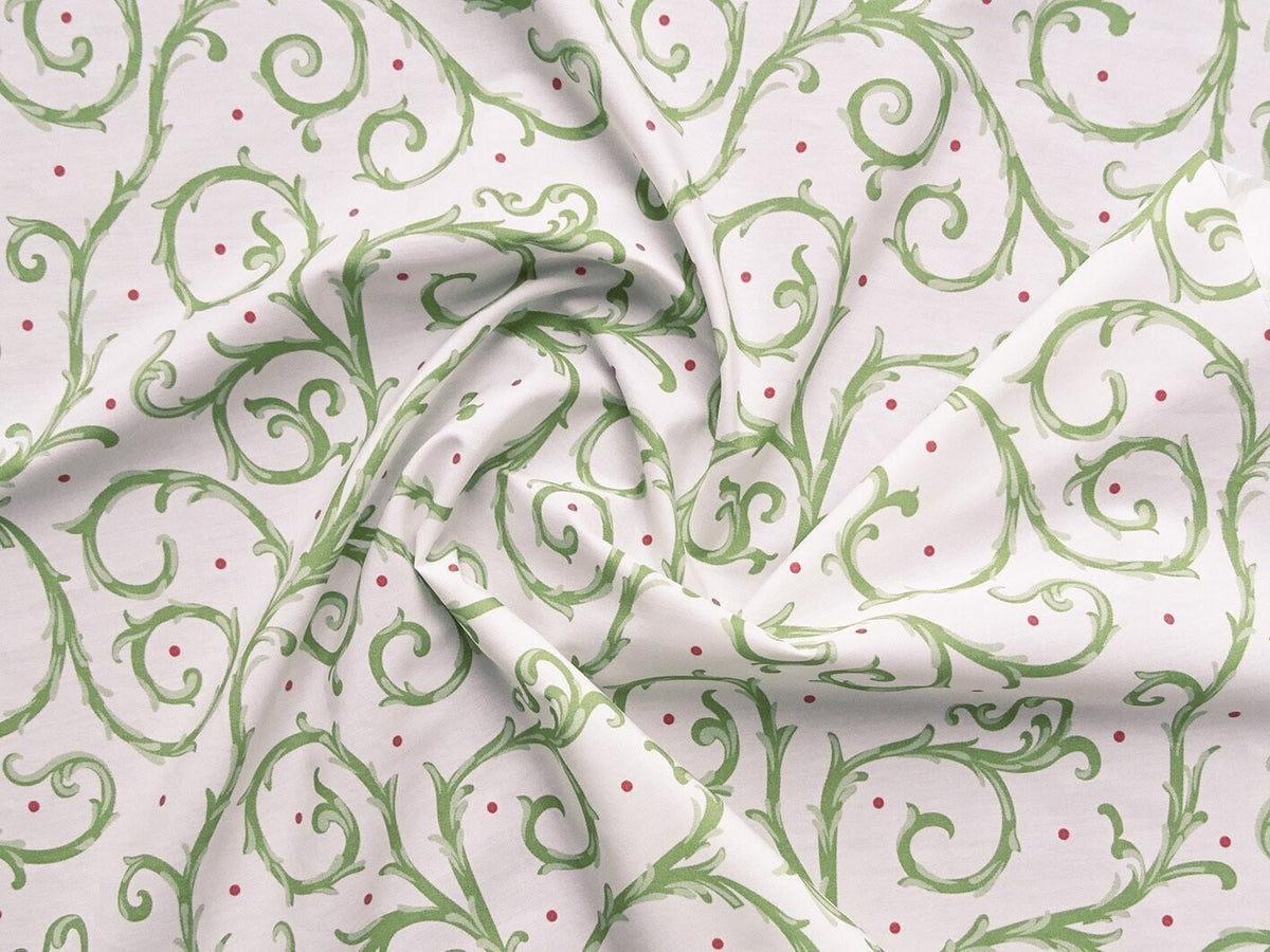 Popeline, Meterware, Baumwollstoff, GOTS, bio, Motiv Dornenhecke, weiß-grün, rote Pünktchen, Futterstoff, Webware, Blusenstoff, Hemdenstoff, Patchwork, Trachten, Dirndl