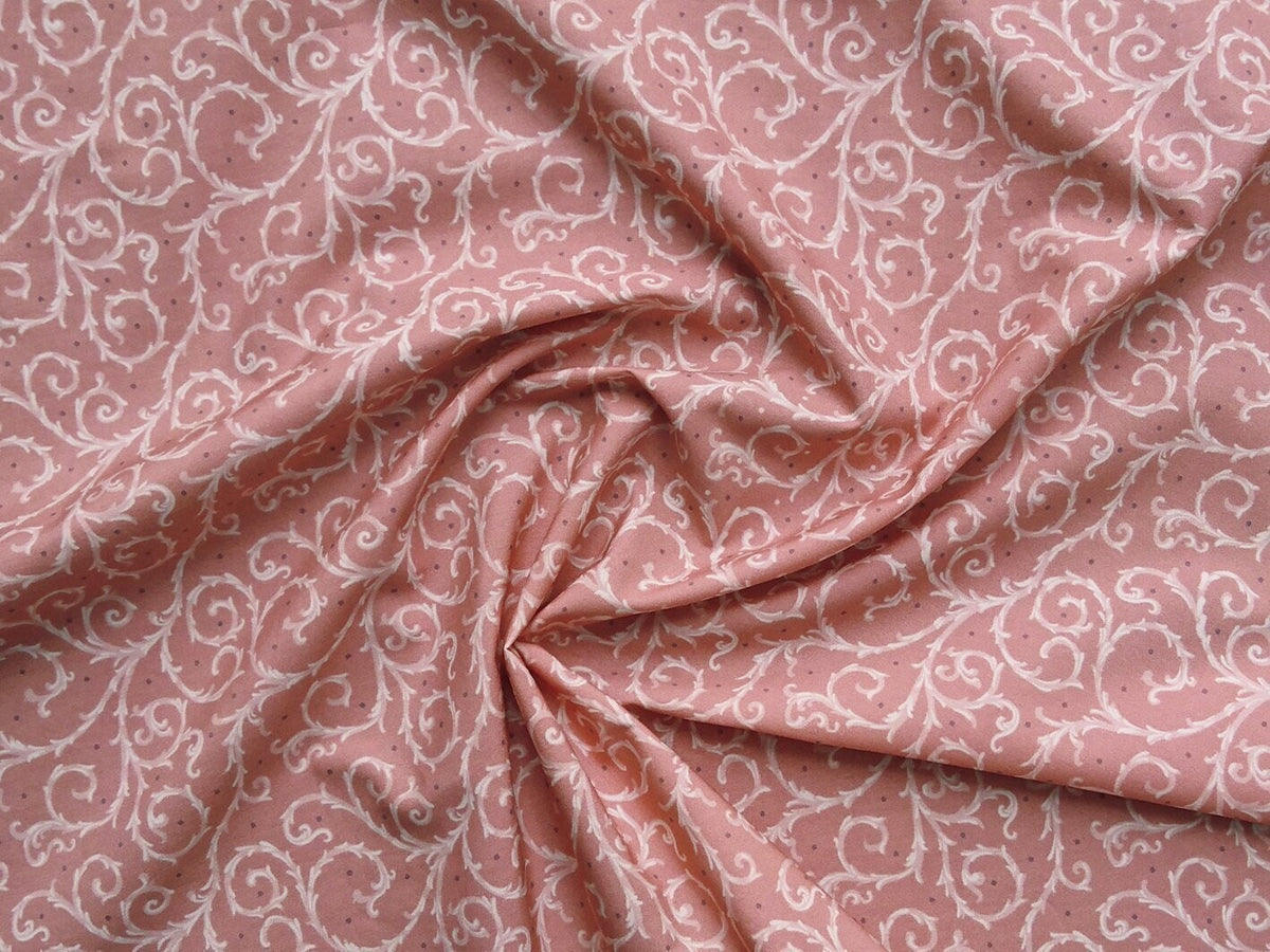 Popeline, Meterware, Baumwollstoff, GOTS, bio, Motiv Dornenhecke, lachsfarbig-weiß, violette Pünktchen, Futterstoff, Webware, Blusenstoff, Hemdenstoff, Trachten, Dirndl, Patchwork