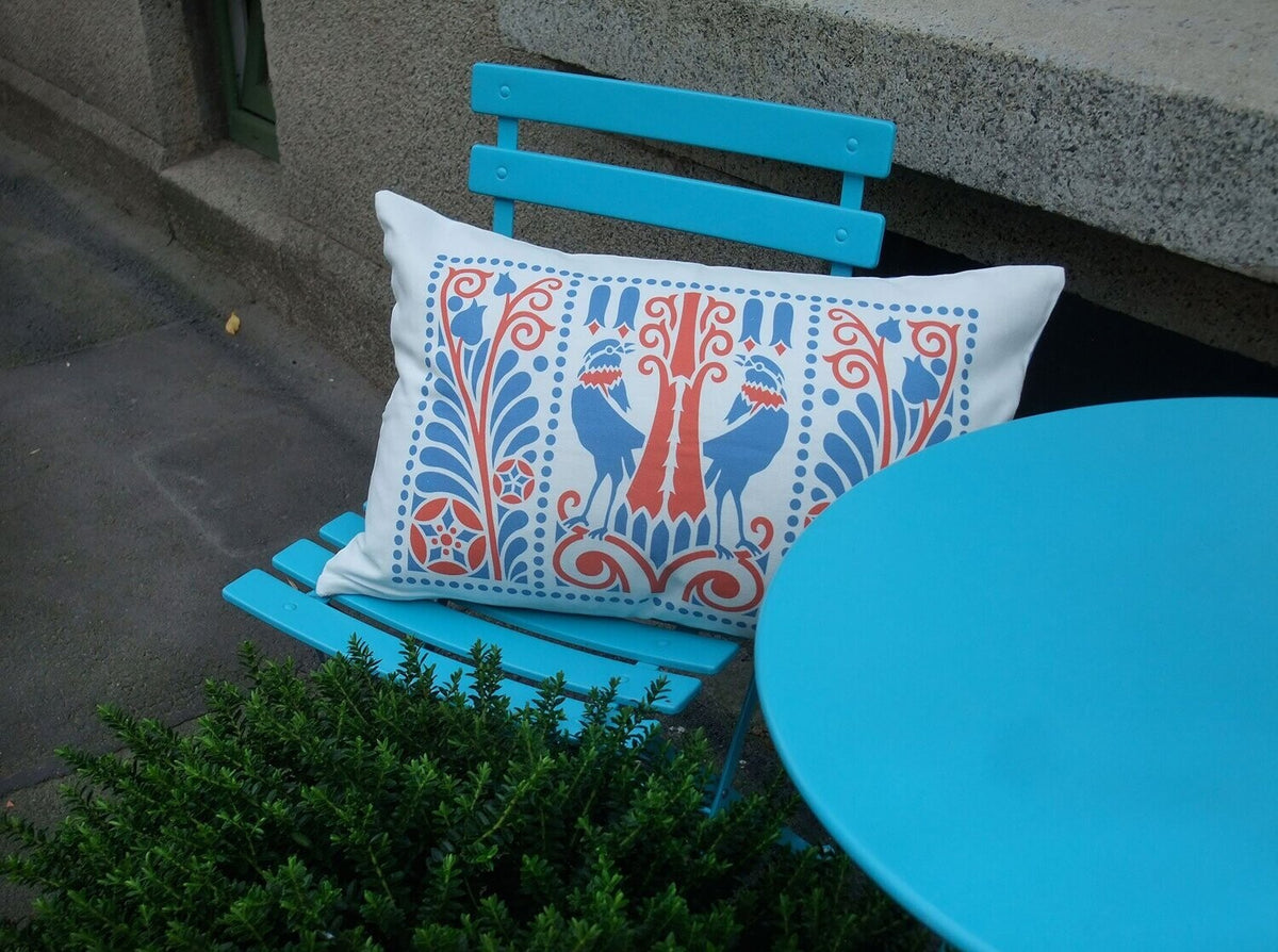 Kissenbezug, Raben, blau-rot, 60x 40 cm, Baumwollstoff, Reißverschluß, Jugendstil, Landhausstil, Vögel, Vogelmotiv