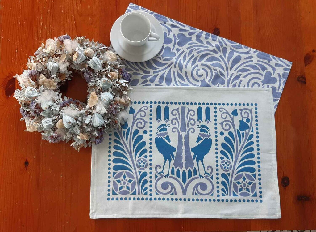 Platzset / Tischset, Blau/Lavendel, 50x35cm, Baumwollstoff, zum Wenden, doppellagig, Jugendstil, Vogelmotiv, Vögel, Landhausstil