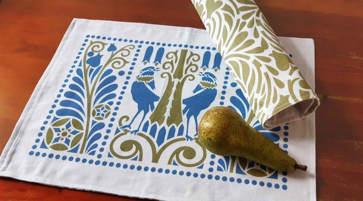 Platzset / Tischset, zweiseitig, Grün/Blau, 50x35cm, robuster Baumwollstoff, Vogelmotiv, Vögel, Jugendstil, Landhausstil