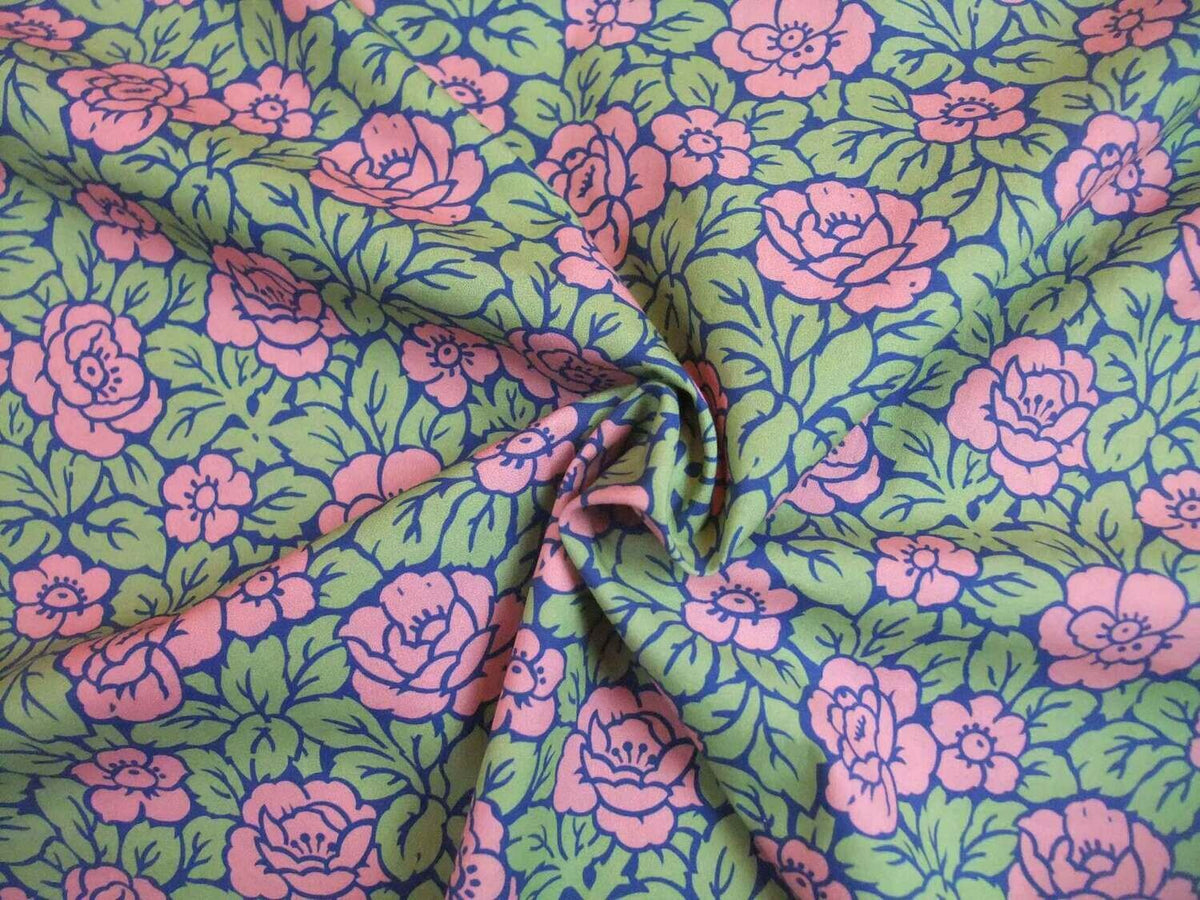 Popeline, Meterware, Baumwollstoff, Rosenmuster, grün/rosa, Bio, Grundton navy, GOTS, Futterstoff, Webware, Blusenstoff, Hemdenstoff, Trachten, Dirndl, Patchworkstoff
