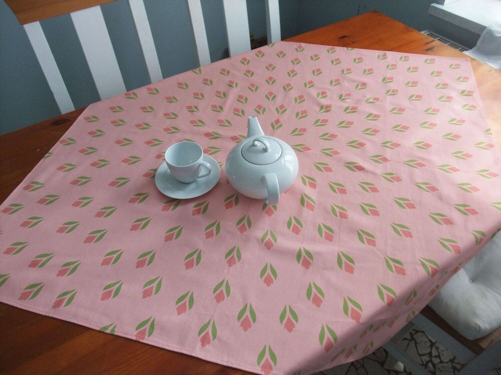 Square tablecloth, pink/light red, crocus design, Easter, spring pattern, 110 x 110 cm or 155 x 155 cm