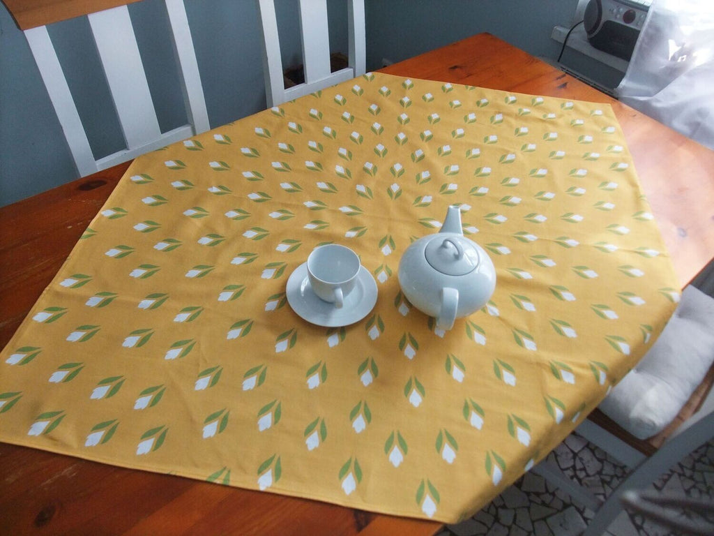 Square tablecloth, yellow/white, crocus design, Easter, spring, 110 x 110 cm or 155 x 155 cm