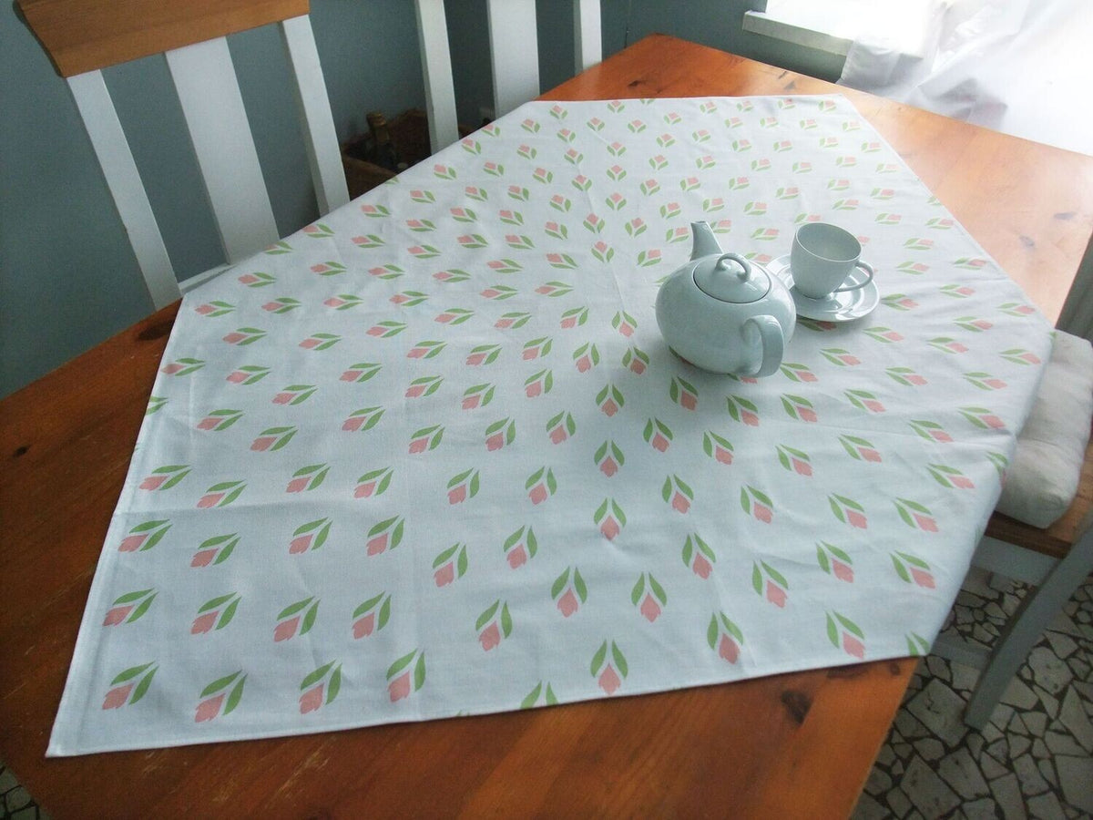 Quadratische Tischdecke, weiß/rosa, Krokusmotiv, Ostern, Baumwolle, Frühlingsmuster, 110x110cm oder 155x155cm