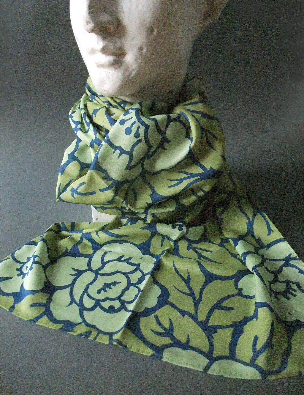 Scarf, batiste viscose, 30x190 cm, shades of green, dark blue, double-stitched layers