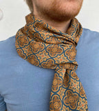Scarf, batiste viscose, 30 x 190 cm, “Manor House” pattern, dark blue and brown, sewn double-layered