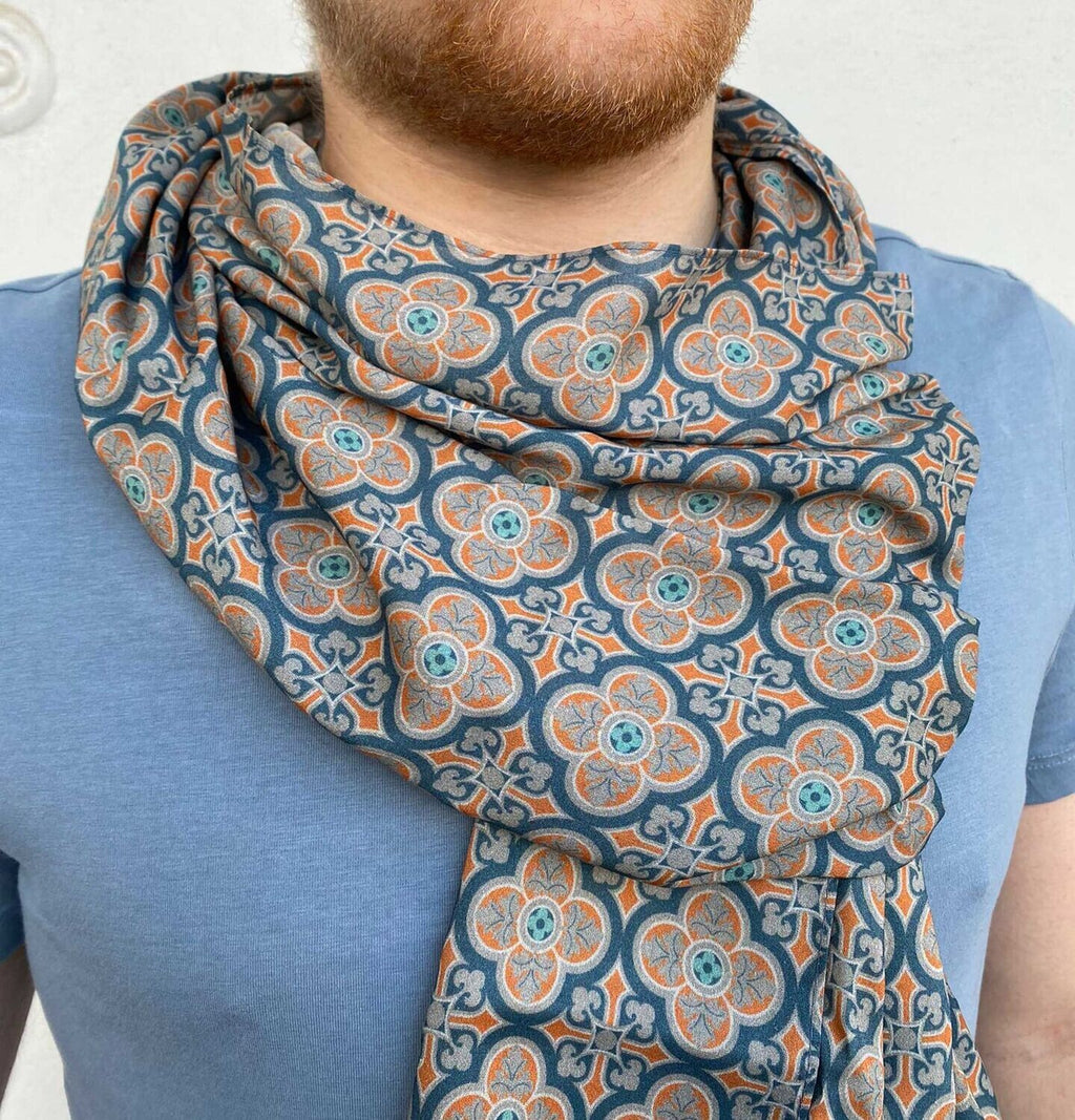 Scarf, batiste viscose, 30 × 190 cm, “Manor House” pattern, dark blue-gray, sewn double-layered