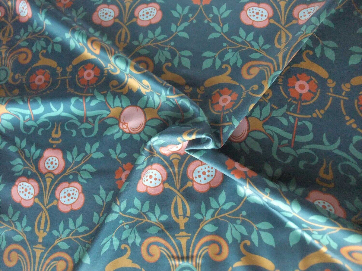 Mako-Satin, Meterware, Motiv Bauerngarten, Farbstellung "Sommernacht", navy, dunkelblau, glänzend, Baumwollsatin, Blumen, viktorianisch, gründerzeit, Bettwäsche, türkis, rosa, braun