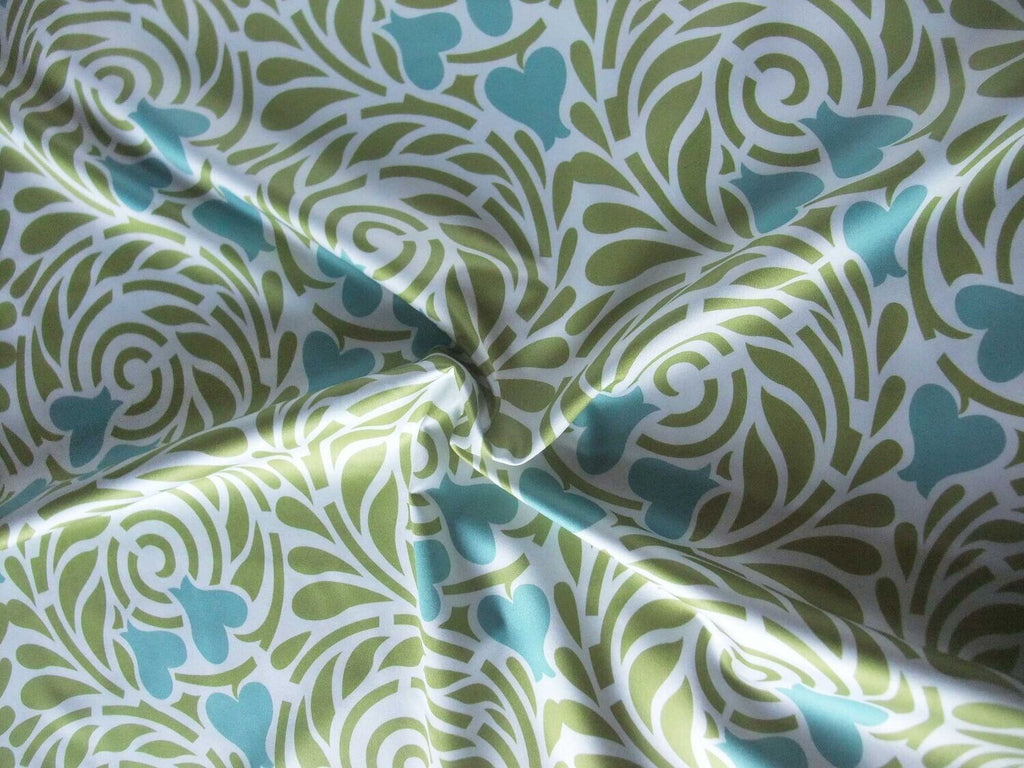 Mako-Satin, Meterware, Baumwolle,  Motiv "Rabenwiese" grün/wasserblau, türkis, aqua, Spiralen, Herzen, Baumwollsatin, für Bettwäsche, elegante Kleidung, Hemden, Kleider