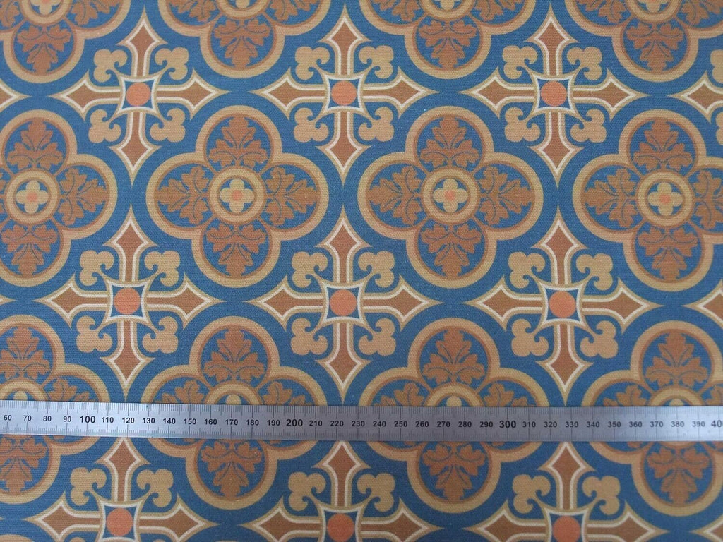 Half Panama, by the metre, dark blue-brown, cotton fabric, 160cm wide, "Herrenhaus" pattern, "Allure dark" colourway, navy-tan, tile pattern, for Dirndls, bags, cushions, trousers