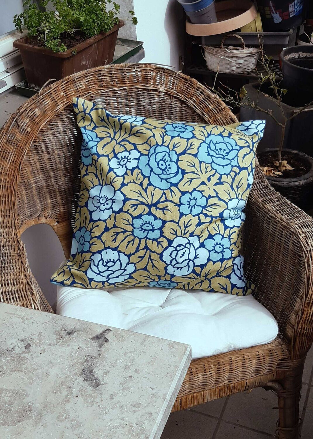 Cushion cover with rose pattern, green-aqua blue, cotton, with zipper, 50x50cm, roses, Art Nouveau, aqua, navy, country style