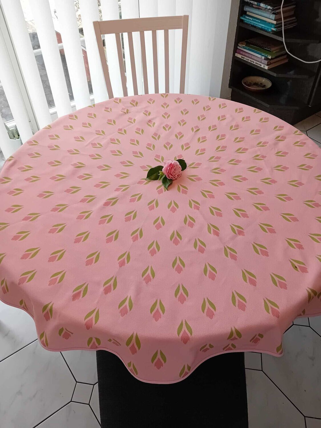 Round Tablecloth, Pink-Salmon-Green, Crocus Motif, Easter, Spring Pattern, Cotton