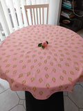 Round Tablecloth, Pink-Salmon-Green, Crocus Motif, Easter, Spring Pattern, Cotton