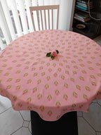 Runde Tischdecke, rosa-lachsfarbig-grün, Krokusmotiv, Ostern, Frühlingsmuster, Baumwolle