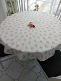 Round tablecloth, white/pink, crocus design, Easter, spring pattern, cotton