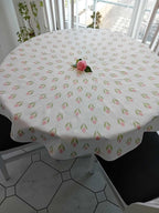 Runde Tischdecke, weiß/rosa, Krokusmotiv, Ostern, Frühlingsmuster, Baumwolle