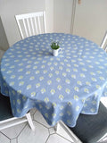 Runde Tischdecke, Helles Ultramarinblau, hellgrün- hellblau, Krokusmotiv, Ostern,  Frühlingsmuster, Baumwolle