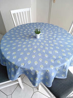 Round tablecloth, bright ultramarine blue, light green and light blue, crocus motif, Easter, spring pattern, cotton