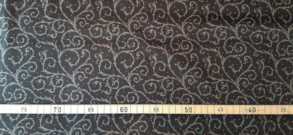 Mako-Satin, Meterware, Baumwolle,  Motiv "Dornenhecke" schwarz-grau mit roten Punkten, Baumwollsatin, glänzend, für elegante Blusen, Kleider, Hemden, Bettwäsche, Gotic