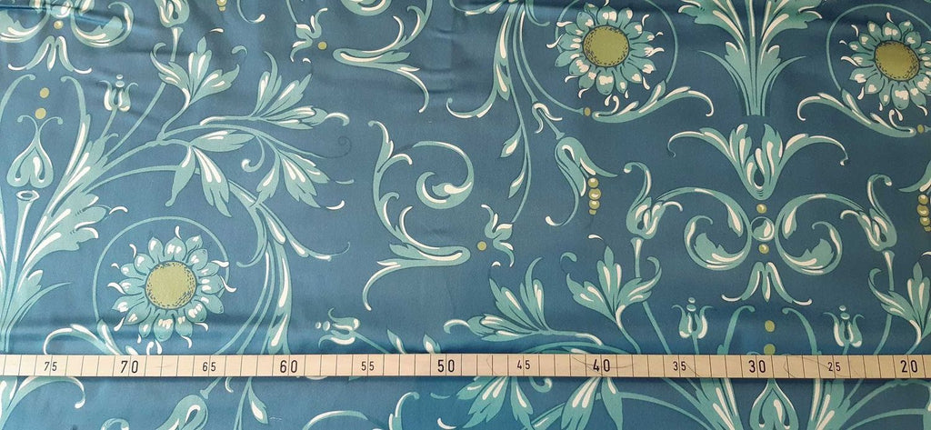 Mako sateen, fabric by the meter, cotton, “Wildflower” pattern in a midnight blue colorway, dark blue and water blue, glossy cotton sateen, vines, flowers, sunflowers, turquoise green, bed linen, elegant dresses