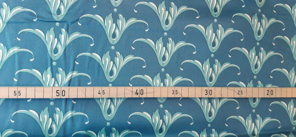 Mako-Satin, Meterware, Motiv Tulpe, Dunkelblau-wasserblau, glänzend, Baumwollsatin, navy blaugrün, für Bettwäsche, Trachten, Dirndl, Kleider