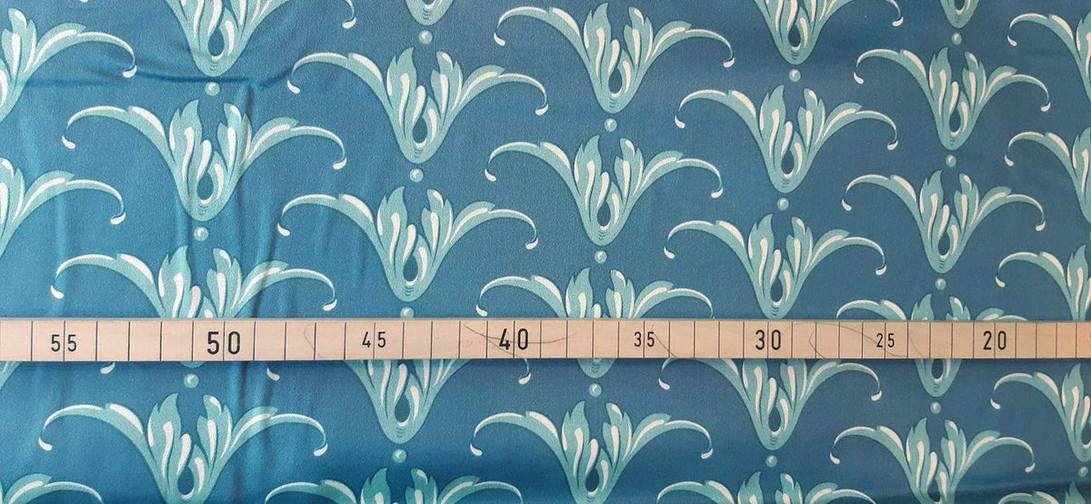 Mako-Satin, Meterware, Motiv Tulpe, Dunkelblau-wasserblau, glänzend, Baumwollsatin, navy blaugrün, für Bettwäsche, Trachten, Dirndl, Kleider