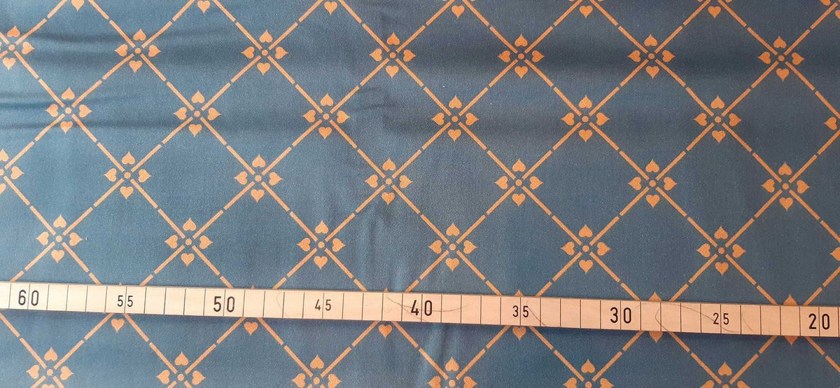 Mako-Satin, Meterware, Motiv Raute, Dunkelblau-Hellbraun, geometrisch, Kreuzblume, glänzender Baumwollsatin, für Trachten, Dirndl, Bettwäsche, Kleider