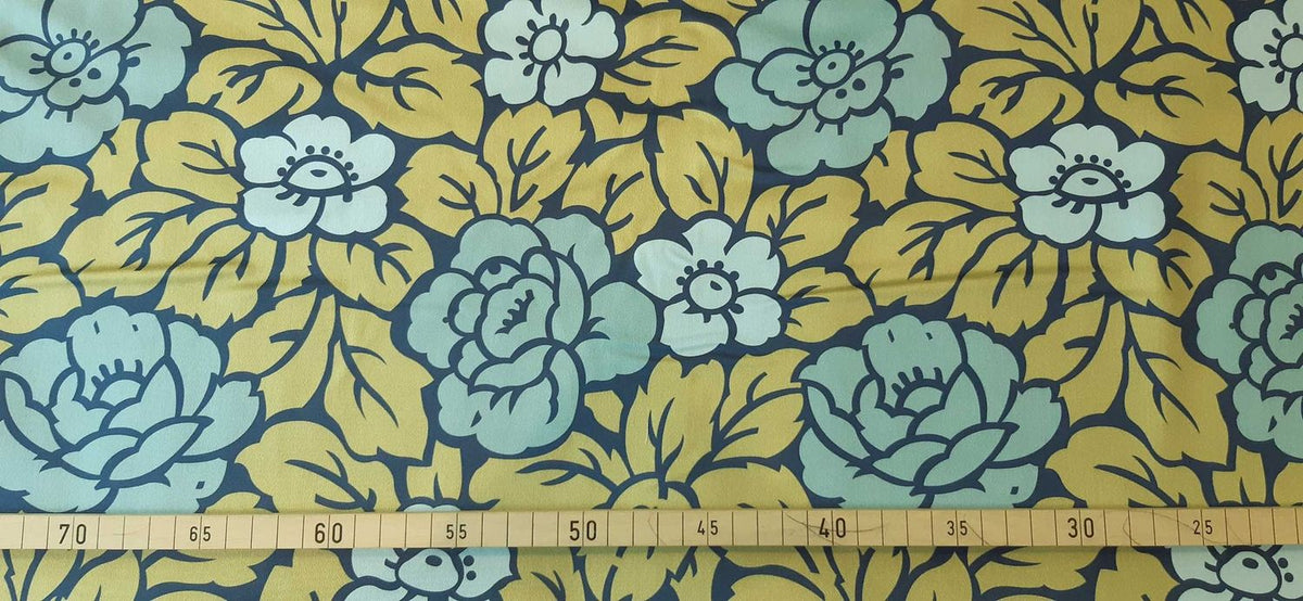 Mako-Satin, Meterware, Baumwolle,  Motiv "Rosen" zweifarbige wasserblaue Blüten, zwei Mustergrößen, türkis-grün-aqua-navy, Muster, Baumwollsatin, glänzend, Bettwäsche, Kleider, Blusen, Hemd