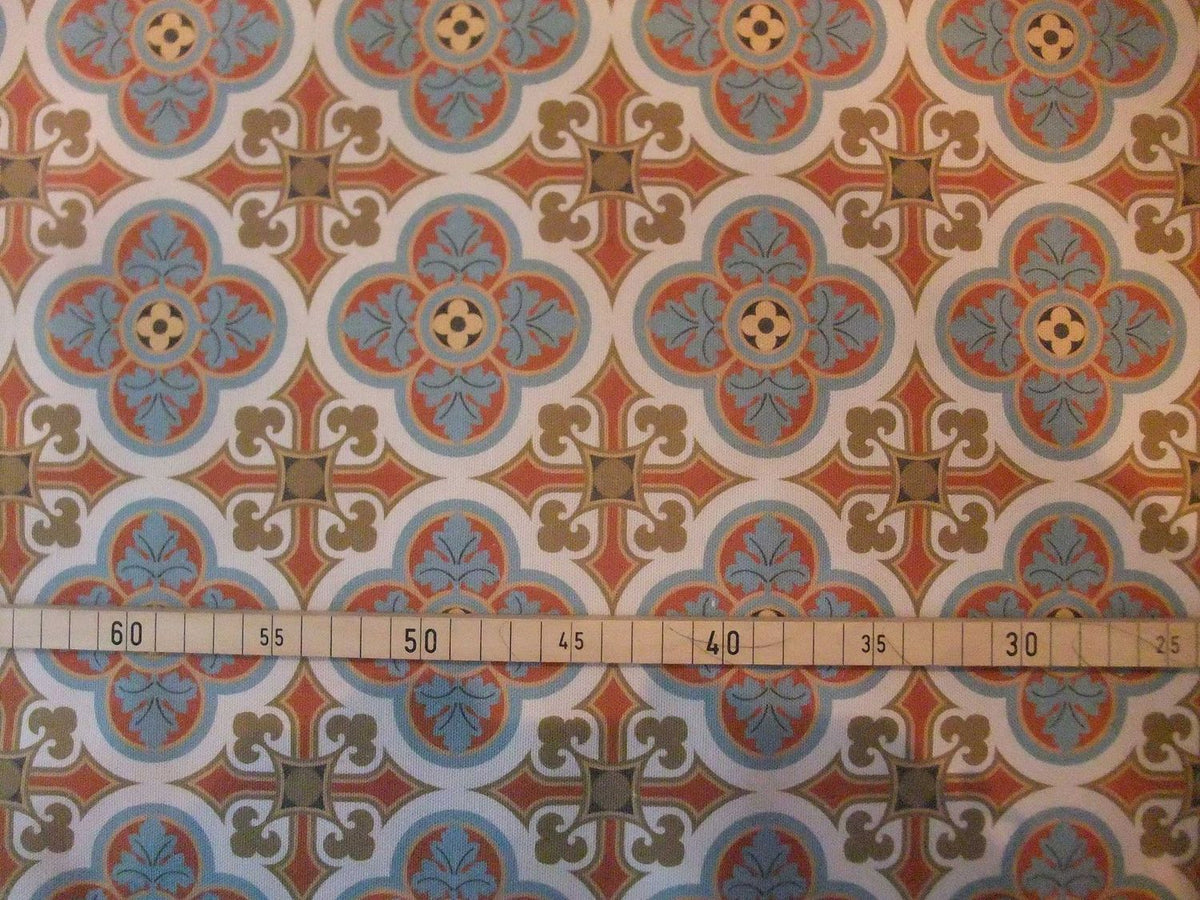 Halbpanama, Meterware,  200g/qm, 160cm breit,  Baumwollstoff, Muster "Herrenhaus", Farbstellung "Aufbruch", beige-rot-braunoliv-blaugrau, für Taschenprojekte, Kissen, Hosen