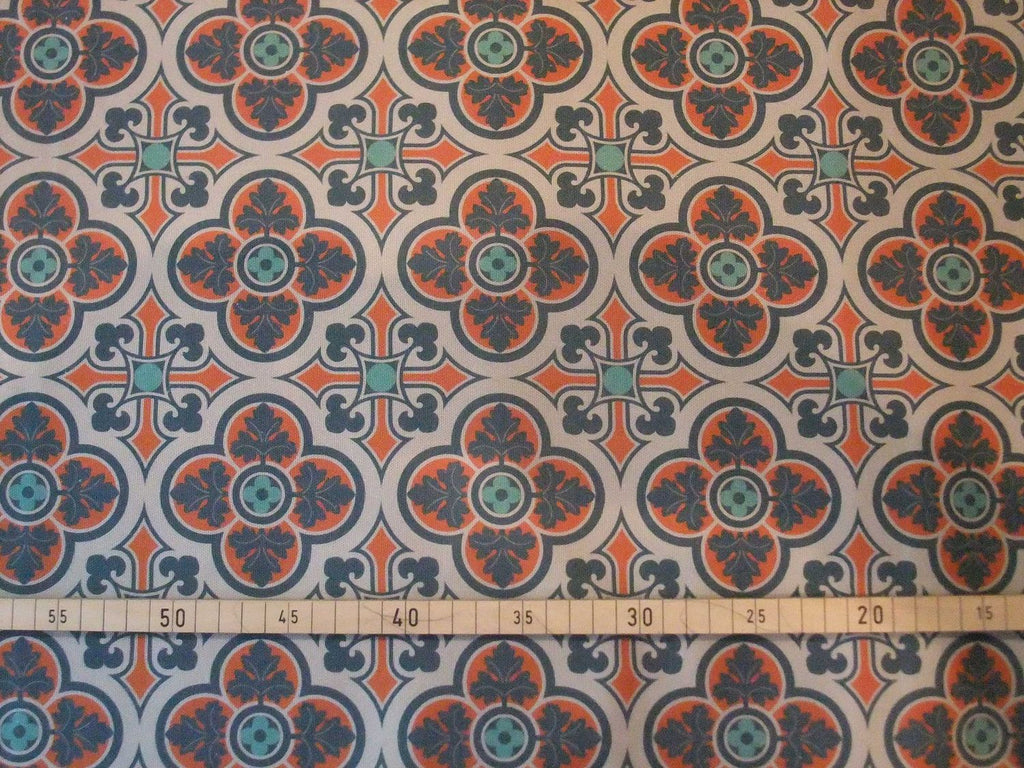Halbpanama, Meterware, Hellgrau, Dunkelblau/hellrot, Baumwollstoff, 160cm breit, Muster "Herrenhaus", Farbstellung "blauer Fels hell", für Taschenprojekte, Kissen, Hosen