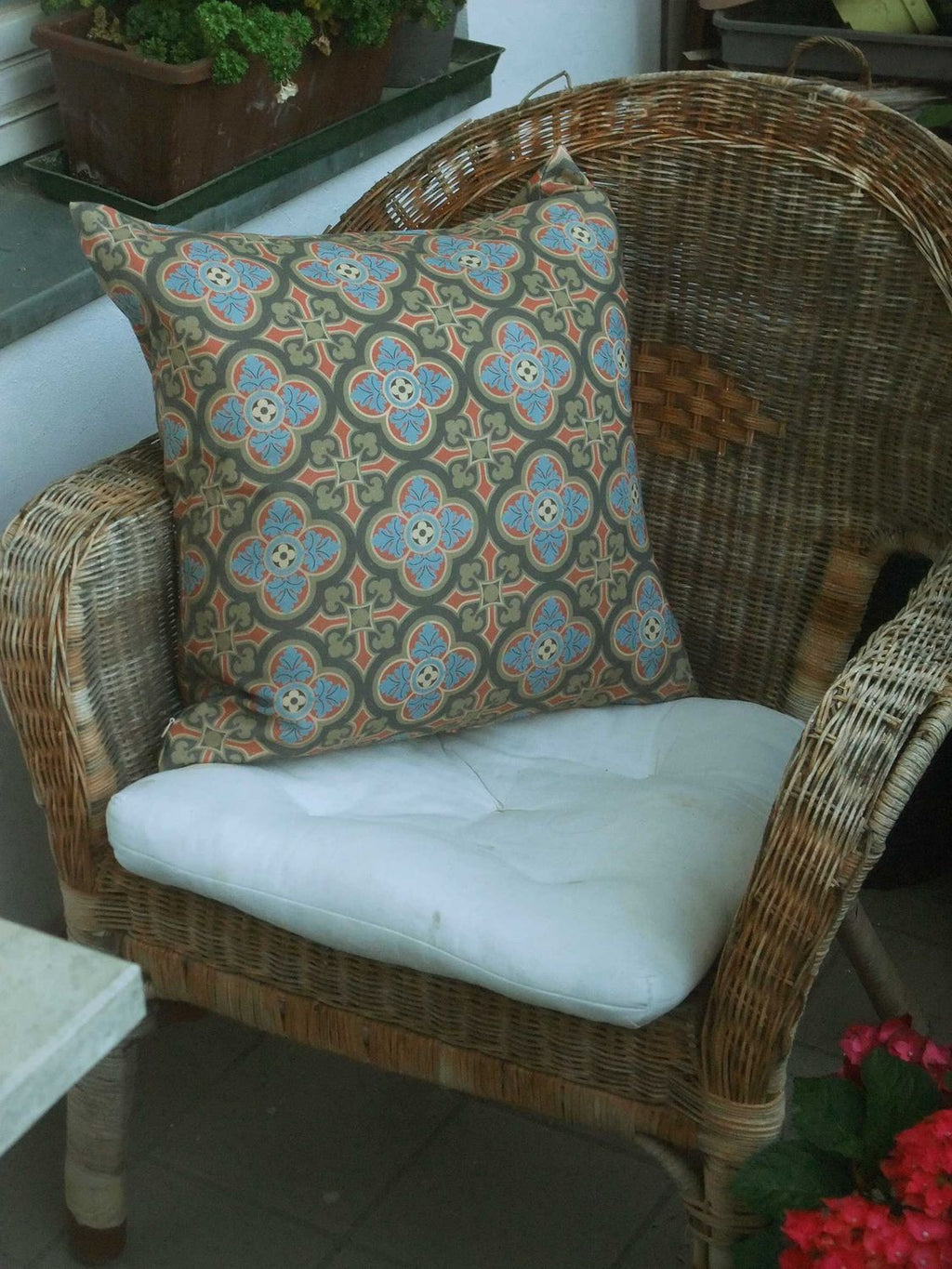 Cushion cover, 50x50cm, with zipper, cotton fabric, Herrenhaus motif, "Heimkehr" color scheme, anthracite-grey-light red-sand-olive green