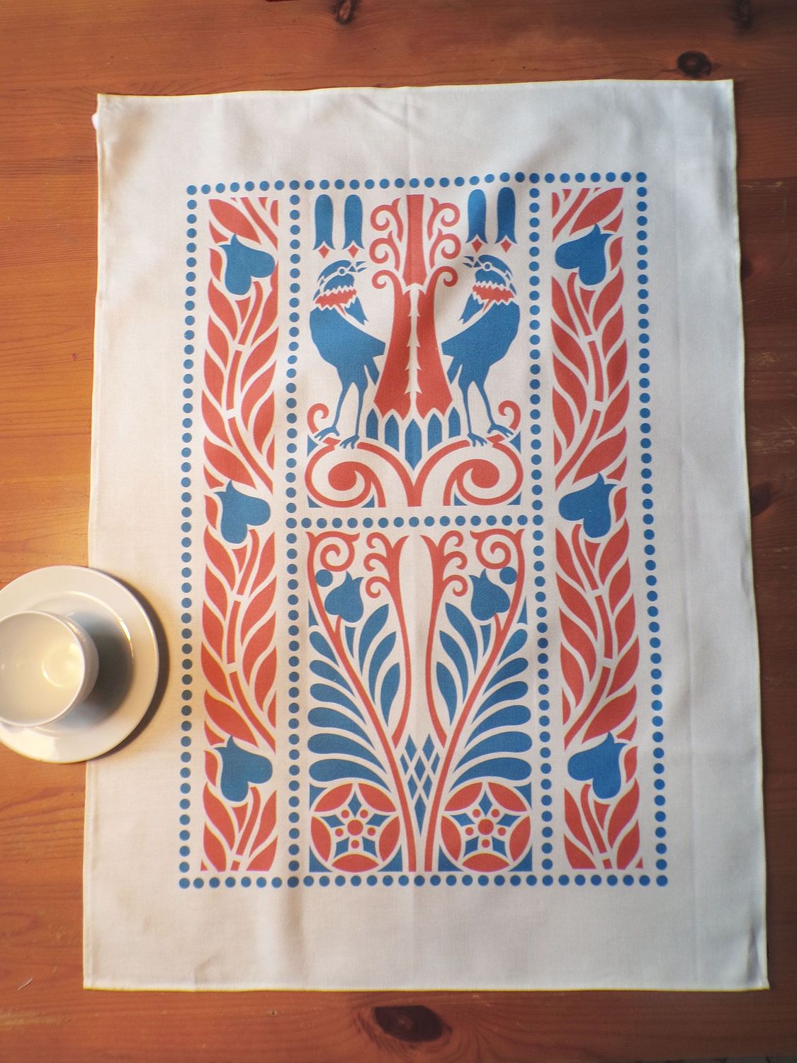 Geschirrtuch, 50x70cm, Baumwollstoff, Vogelmotiv, blau-rot