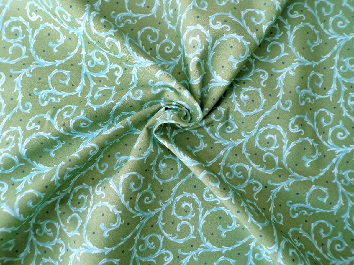 Popeline, Meterware, Baumwollstoff, GOTS, bio, Motiv Dornenhecke, grün-wasserblau, dunkelblaue Pünktchen, Webware, Futterstoff, Blusenstoff, Hemdenstoff, Trachten, Dirndl, Patchwork