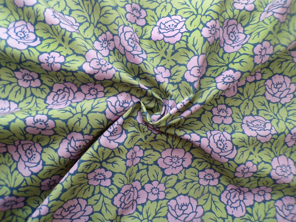 Popeline, Meterware, Baumwollstoff, Bio, Rosenmuster, violett/grün, GOTS, Grundton Navy, Futterstoff, Webware, Blusenstoff, Hemdenstoff, Trachten, Dirndl, Patchworkstoff