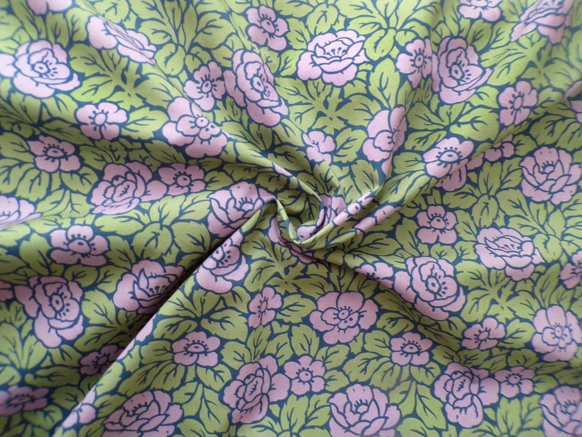 Popeline, Meterware, Baumwollstoff, Bio, Rosenmuster, violett/grün, GOTS, Grundton Navy, Futterstoff, Webware, Blusenstoff, Hemdenstoff, Trachten, Dirndl, Patchworkstoff